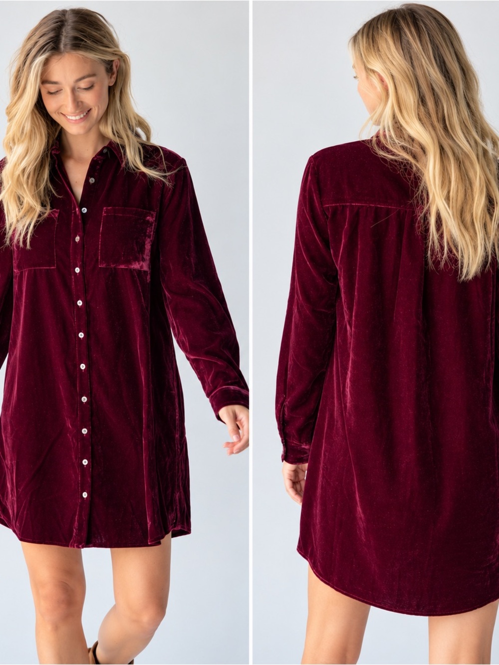 Natural Life Cabernet Velvet Shirt Dress M Button Front Boho Tunic